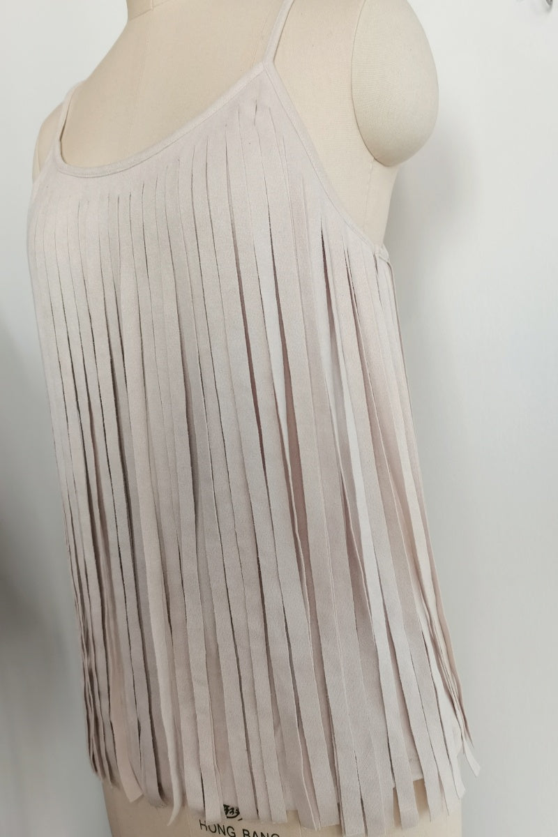 Feminine Merlot Scoop Neck Spaghetti Strap Top with Wrap Around Flowy Fringes W-05-009-240