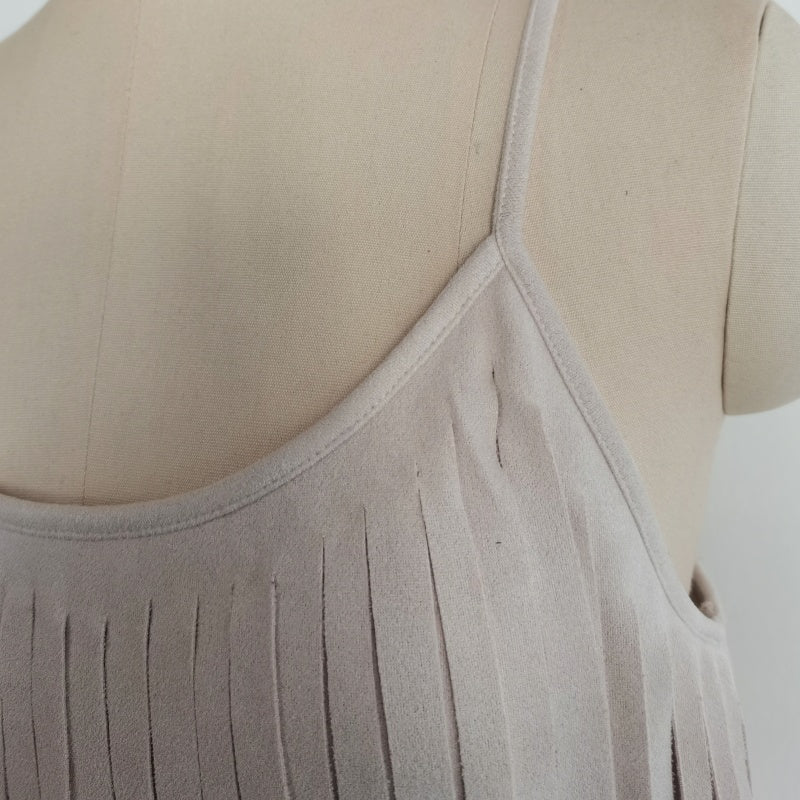 Feminine Merlot Scoop Neck Spaghetti Strap Top with Wrap Around Flowy Fringes W-05-009-240