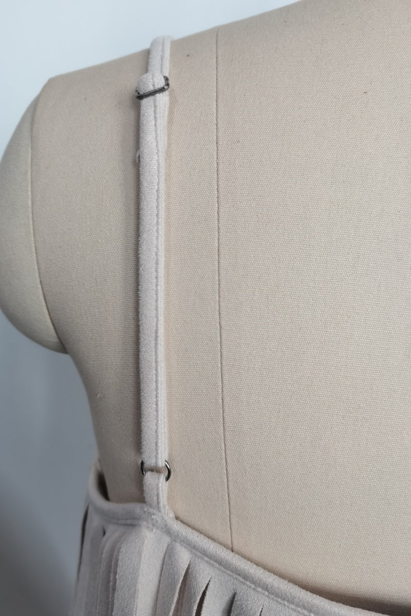 Feminine Merlot Scoop Neck Spaghetti Strap Top with Wrap Around Flowy Fringes W-05-009-240