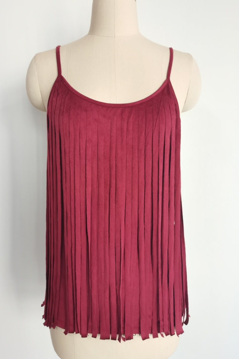 Feminine Merlot Scoop Neck Spaghetti Strap Top with Wrap Around Flowy Fringes W-05-009-240