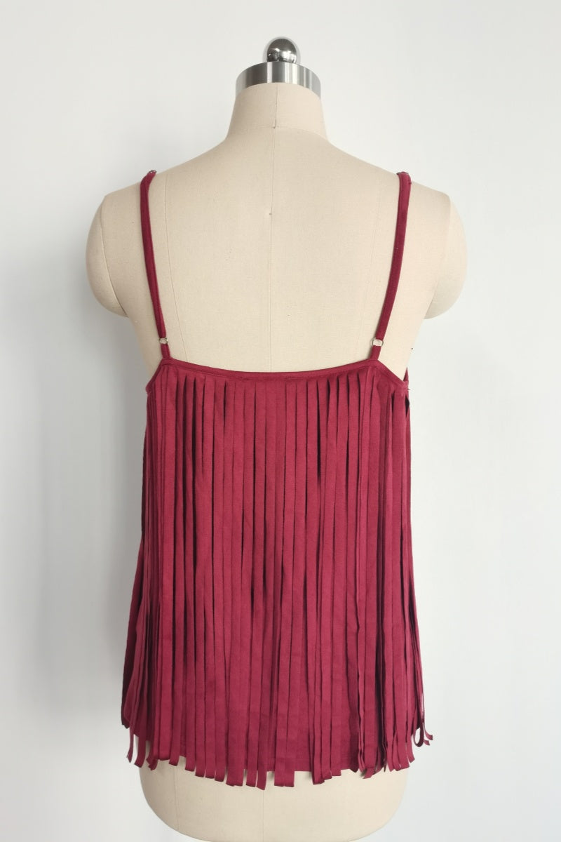 Feminine Merlot Scoop Neck Spaghetti Strap Top with Wrap Around Flowy Fringes W-05-009-240