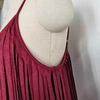 Feminine Merlot Scoop Neck Spaghetti Strap Top with Wrap Around Flowy Fringes W-05-009-240