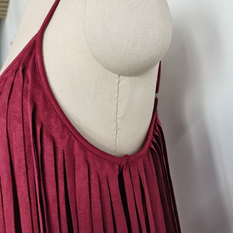 Feminine Merlot Scoop Neck Spaghetti Strap Top with Wrap Around Flowy Fringes W-05-009-240