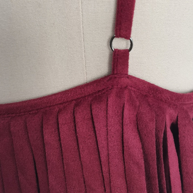 Feminine Merlot Scoop Neck Spaghetti Strap Top with Wrap Around Flowy Fringes W-05-009-240