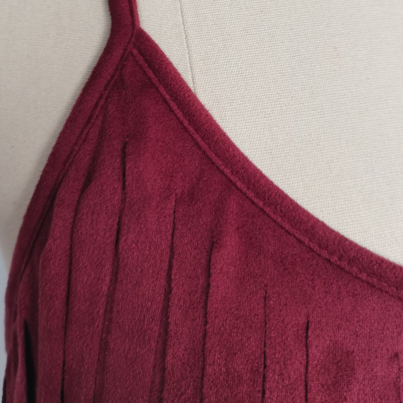 Feminine Merlot Scoop Neck Spaghetti Strap Top with Wrap Around Flowy Fringes W-05-009-240