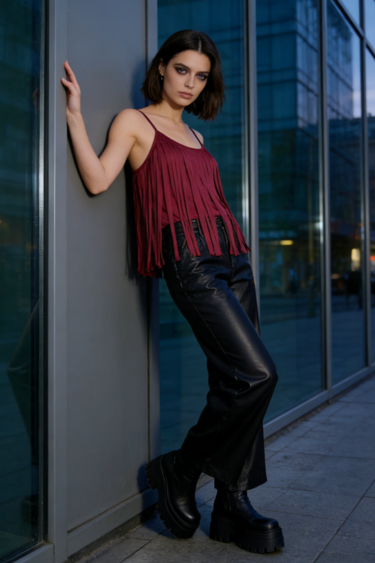 Feminine Merlot Scoop Neck Spaghetti Strap Top with Wrap Around Flowy Fringes W-05-009-240