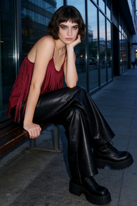 Feminine Merlot Scoop Neck Spaghetti Strap Top with Wrap Around Flowy Fringes W-05-009-240