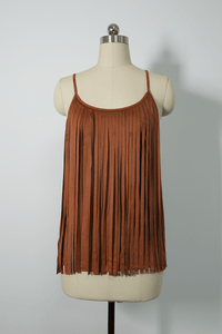 Feminine Merlot Scoop Neck Spaghetti Strap Top with Wrap Around Flowy Fringes W-05-009-240