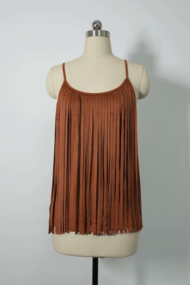 Feminine Merlot Scoop Neck Spaghetti Strap Top with Wrap Around Flowy Fringes W-05-009-240