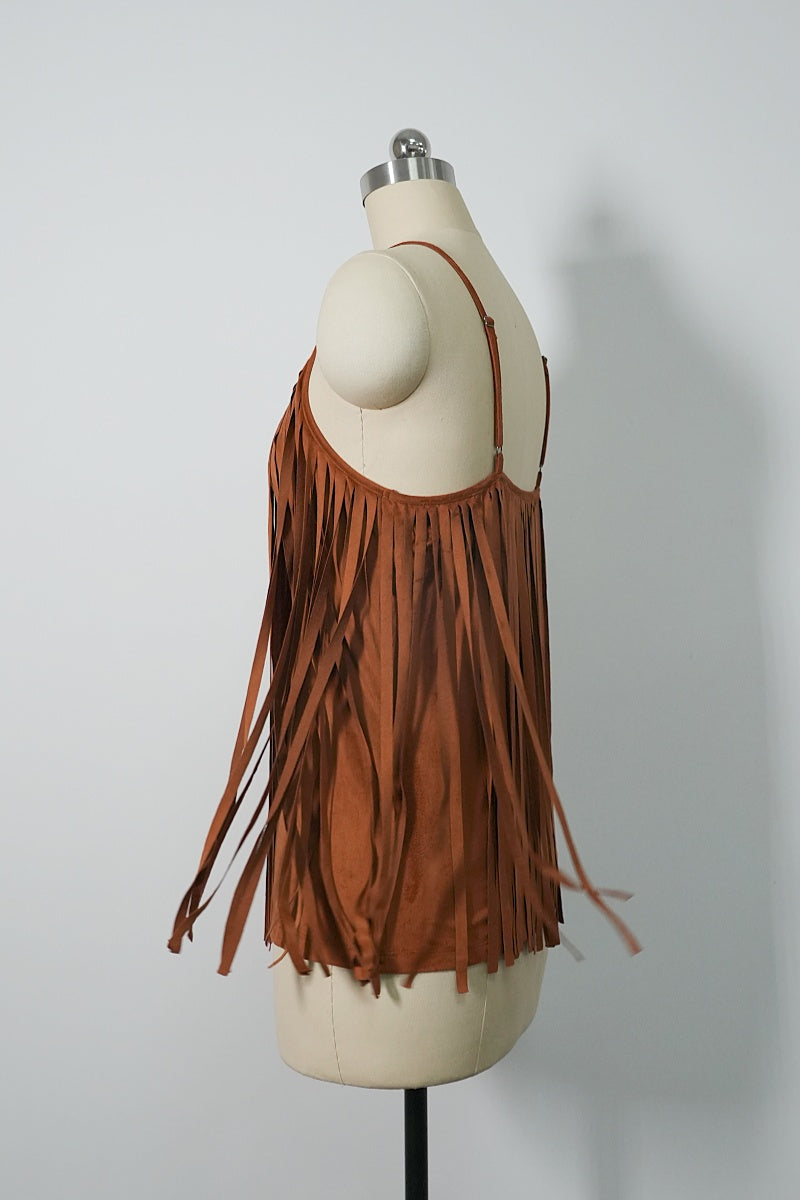 Feminine Merlot Scoop Neck Spaghetti Strap Top with Wrap Around Flowy Fringes W-05-009-240