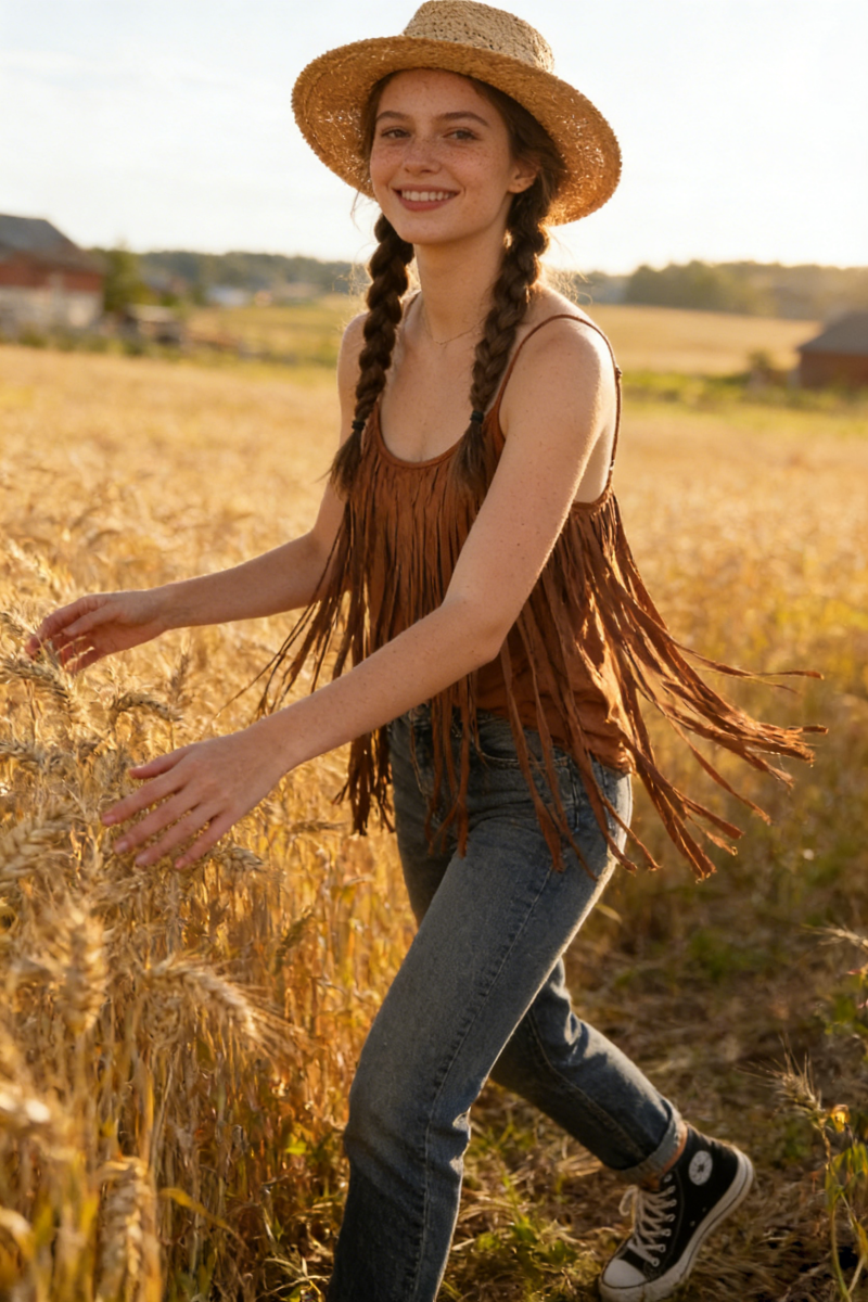 Top femenino color merlot con escote redondo y tirantes finos, flecos envolventes y fluidos W-05-009-240