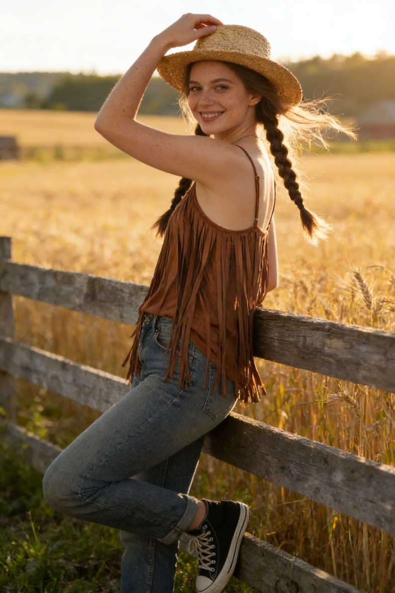 Feminine Merlot Scoop Neck Spaghetti Strap Top with Wrap Around Flowy Fringes W-05-009-240