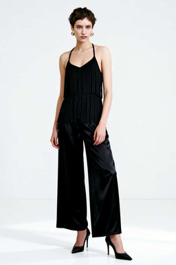 Camisola ligera de ante sintético con flecos y dos tiras para mujer, color negro azabache - W-05-010-010