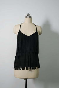 Women's Light Weight Faux Suede Two-tired Fringed Stretchy Camisole Jet Black-W-05-010-010