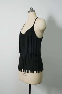 Women's Light Weight Faux Suede Two-tired Fringed Stretchy Camisole Jet Black-W-05-010-010