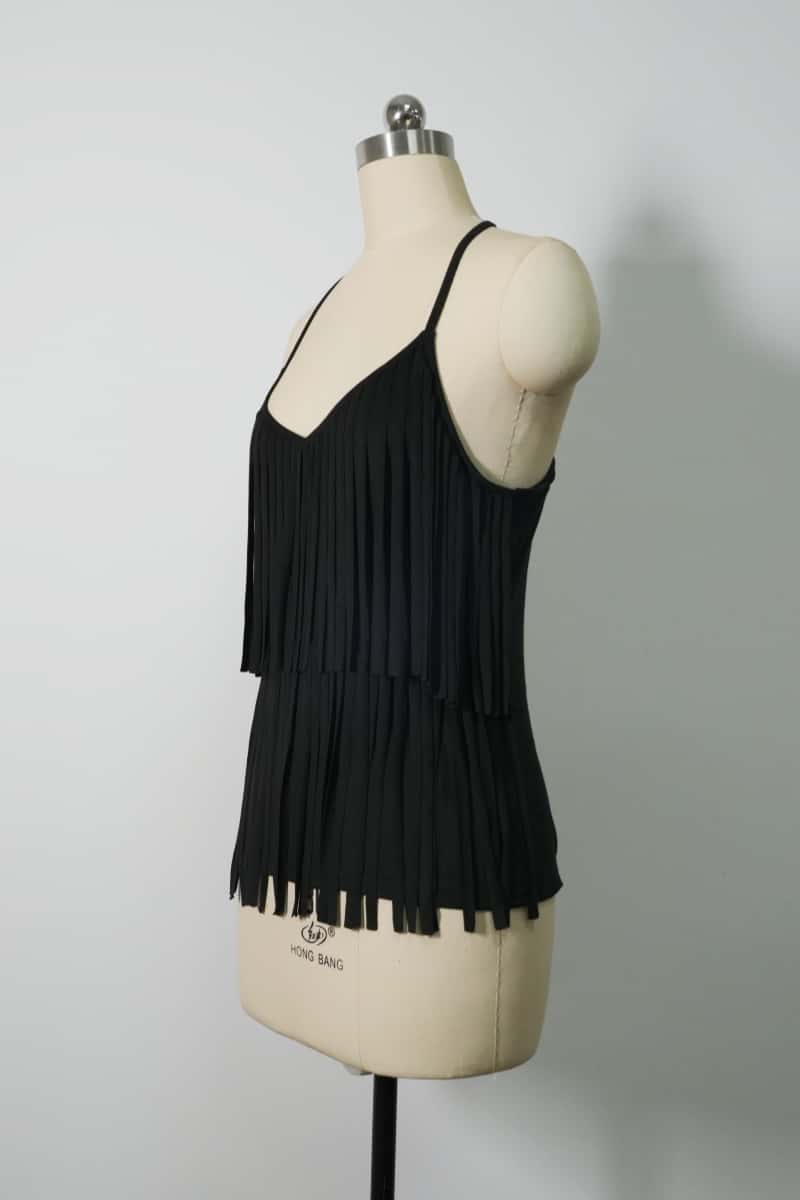 Women's Light Weight Faux Suede Two-tired Fringed Stretchy Camisole Jet Black-W-05-010-010