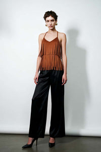 Women's Light Weight Faux Suede Two-tired Fringed Stretchy Camisole Mocha Color-W-05-010-663