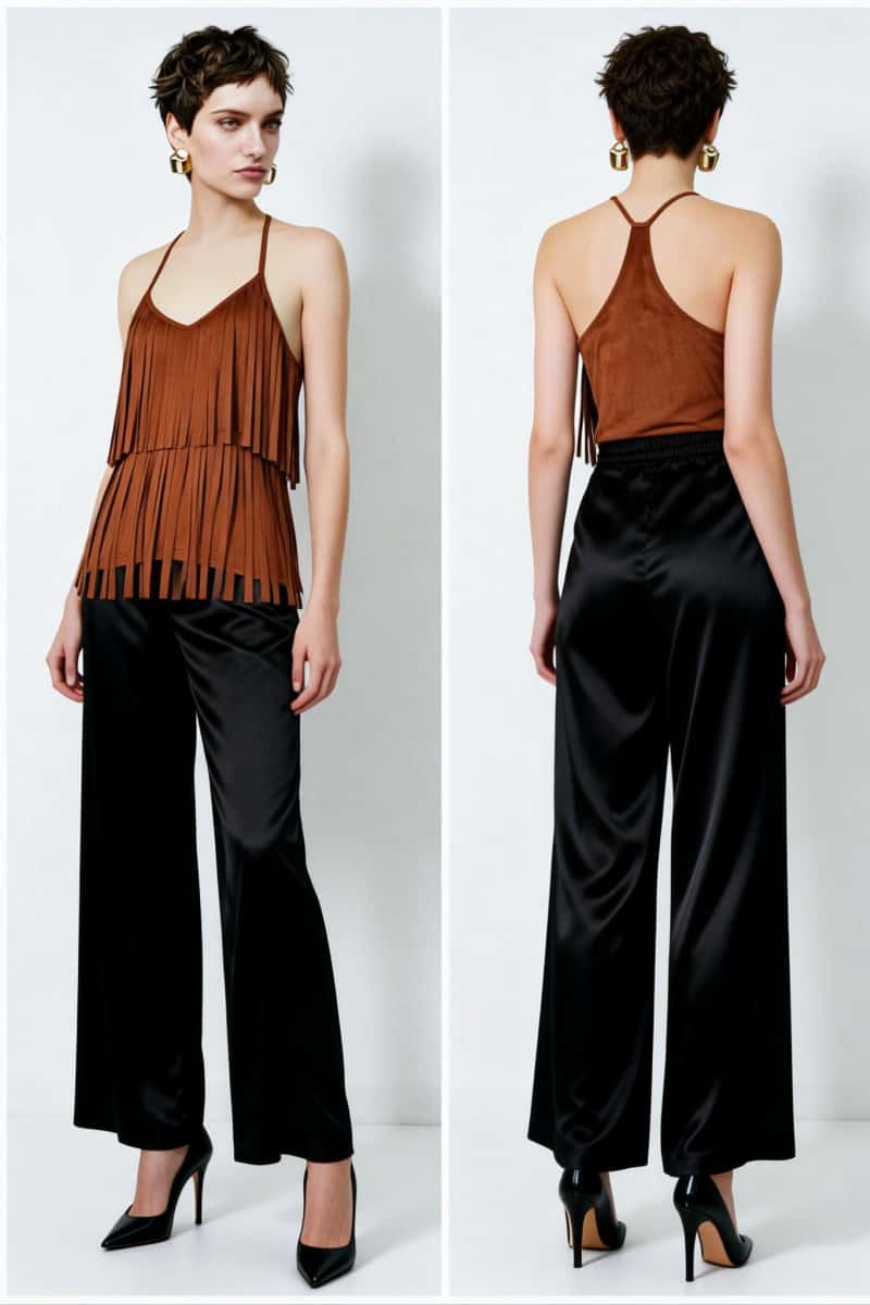 Women's Light Weight Faux Suede Two-tired Fringed Stretchy Camisole Mocha Color-W-05-010-663