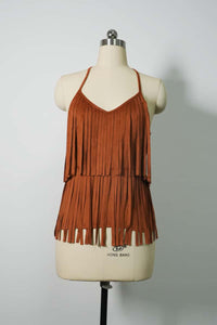 Women's Light Weight Faux Suede Two-tired Fringed Stretchy Camisole Mocha Color-W-05-010 Mocha，Black