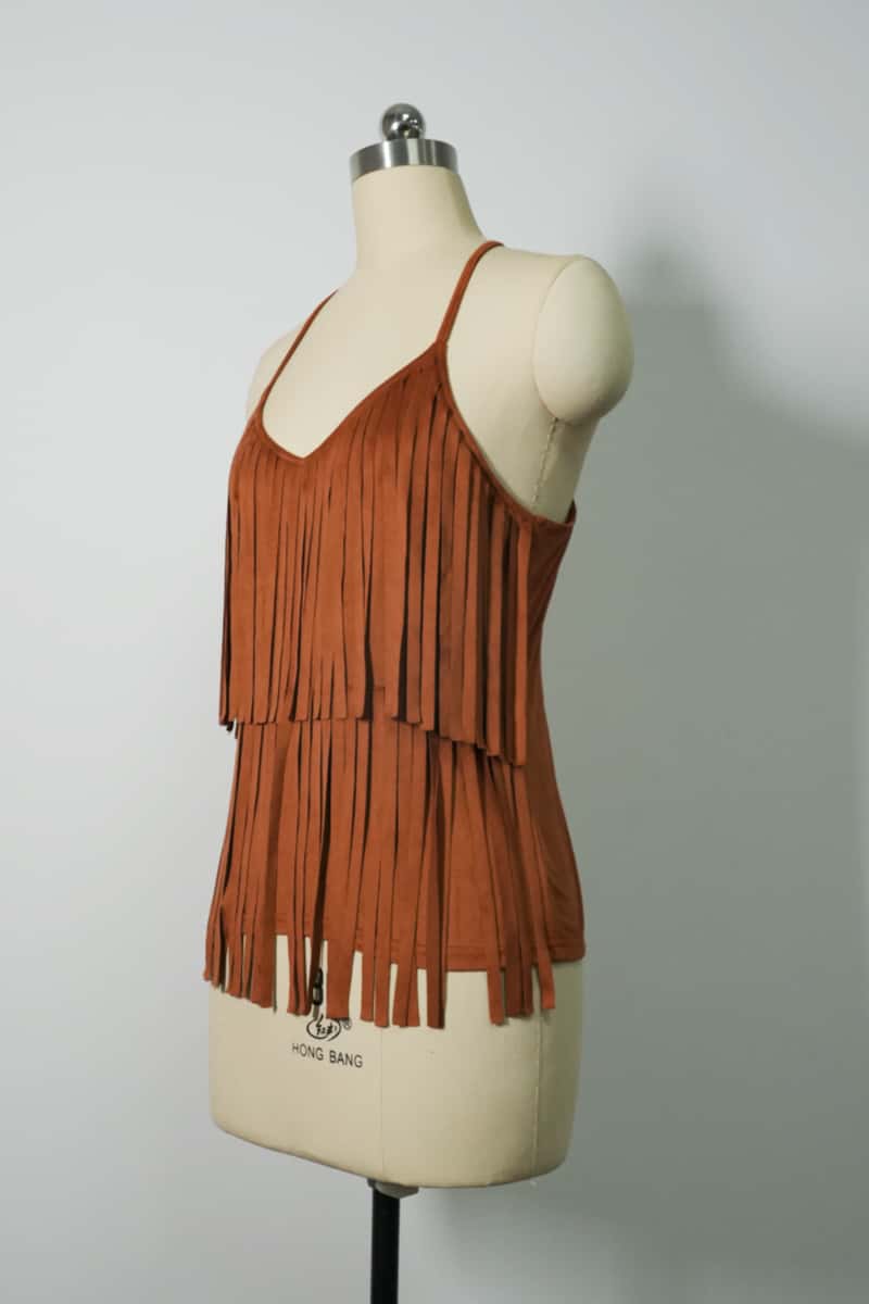 Women's Light Weight Faux Suede Two-tired Fringed Stretchy Camisole Mocha Color-W-05-010-663