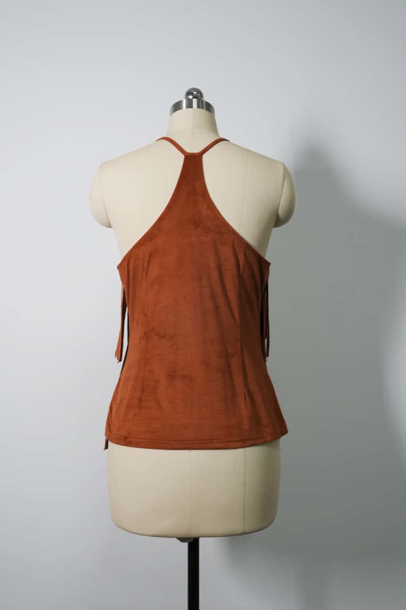 Women's Light Weight Faux Suede Two-tired Fringed Stretchy Camisole Mocha Color-W-05-010-663