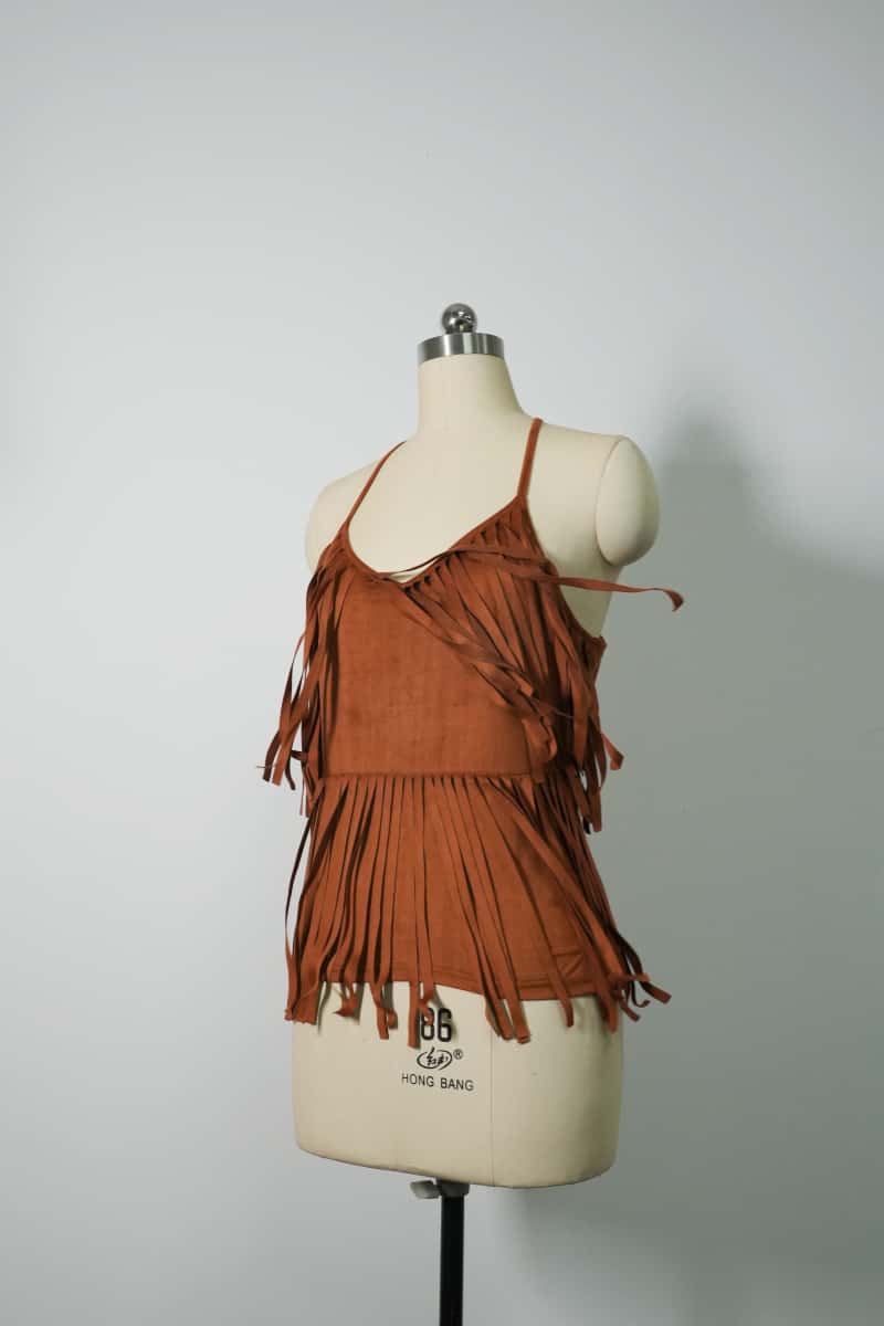 Women's Light Weight Faux Suede Two-tired Fringed Stretchy Camisole Mocha Color-W-05-010-663