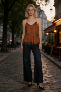 Women's Light Weight Faux Suede Two-tired Fringed Stretchy Camisole Mocha Color-W-05-010 Mocha，Black