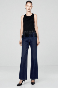 Camiseta de tirantes de ante sintético con escote redondo y flecos para mujer, color negro azabache - W-05-011-010