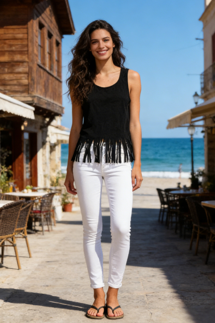 Women's Scoop Neck Faux Suede Tank Top with Fringe Hem Rich Mocha Color-W-05-011 Mocha，Black