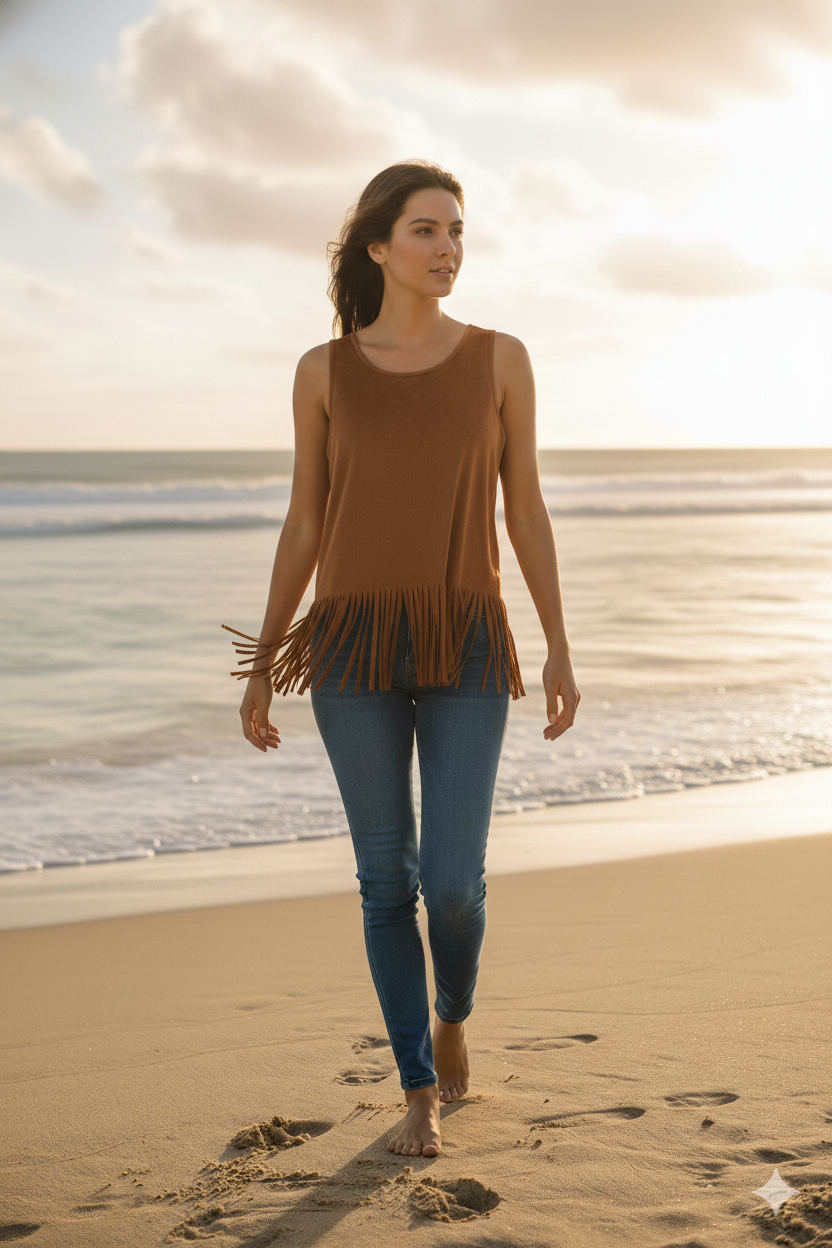 Camiseta de tirantes de ante sintético con escote redondo y flecos para mujer, color moca intenso - W-05-011-663