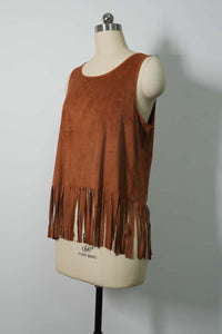 Women's Scoop Neck Faux Suede Tank Top with Fringe Hem Rich Mocha Color-W-05-011 Mocha，Black