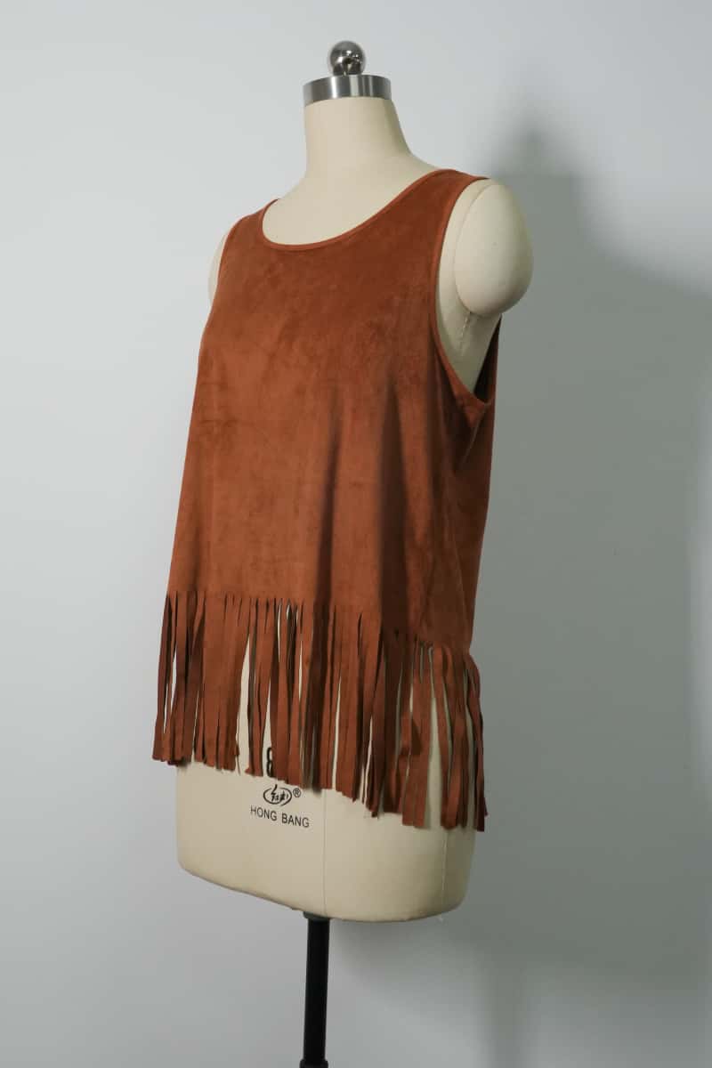Women's Scoop Neck Faux Suede Tank Top with Fringe Hem Rich Mocha Color-W-05-011 Mocha，Black