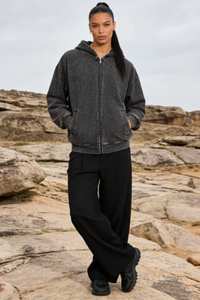 Unisex Vintage Look Garment Washed Full Zip Sweatshirt｜Hip Welted Pockets W-07-022-011 Washed Black