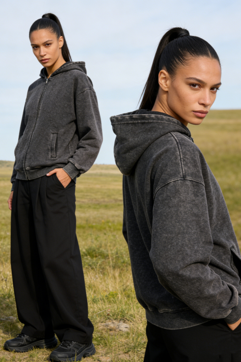 Unisex Vintage Look Garment Washed Full Zip Sweatshirt｜Hip Welted Pockets W-07-022-011 Washed Black