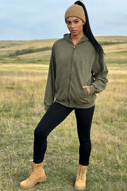 Unisex Vintage Look Garment Washed Full Zip Sweatshirt｜Hip Welted Pockets W-07-022-300 Army