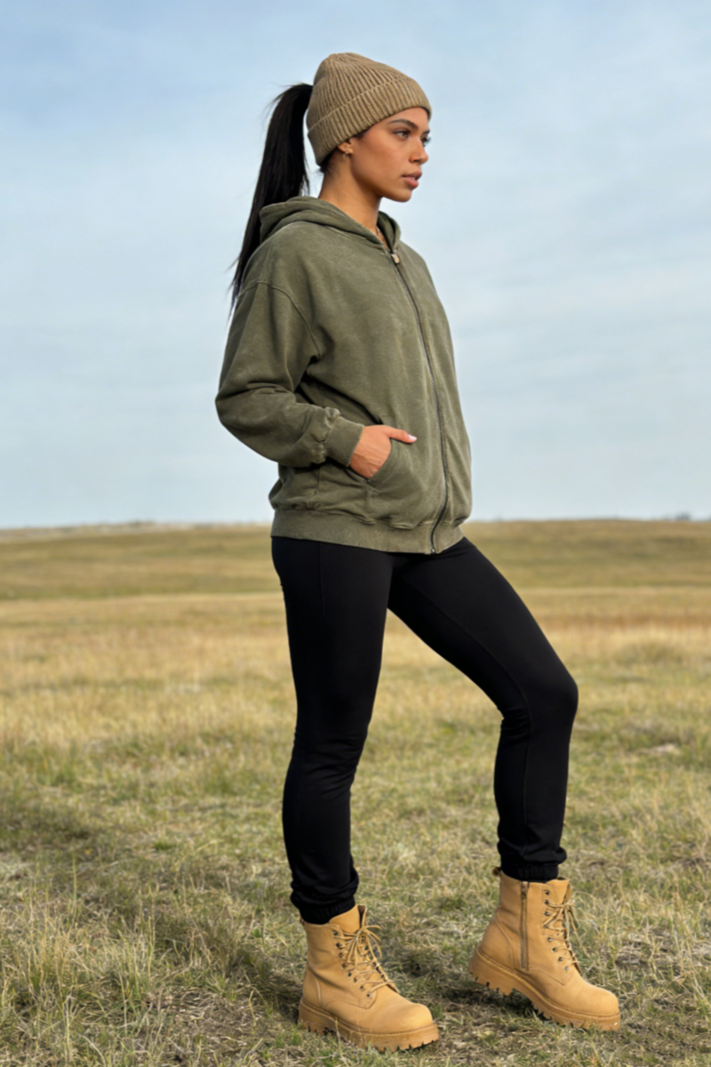 Unisex Vintage Look Garment Washed Full Zip Sweatshirt｜Hip Welted Pockets W-07-022-300 Army