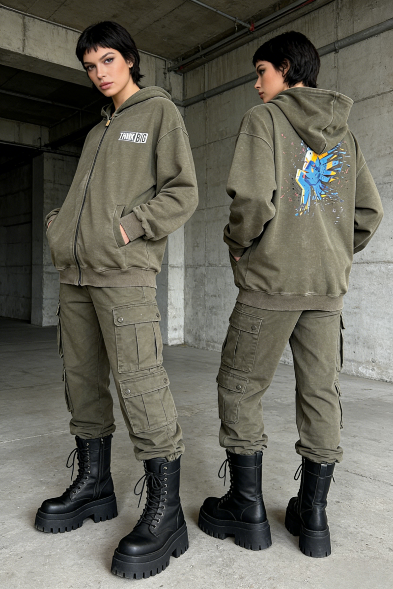 Unisex Vintage Look Garment Washed Full Zip Sweatshirt｜Hip Welted Pockets U-07-022