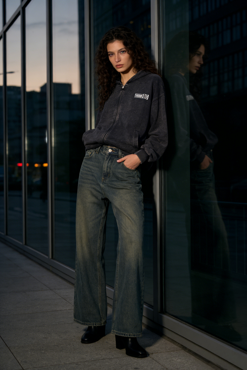 Unisex Vintage Look Garment Washed Full Zip Sweatshirt｜Hip Welted Pockets U-07-022