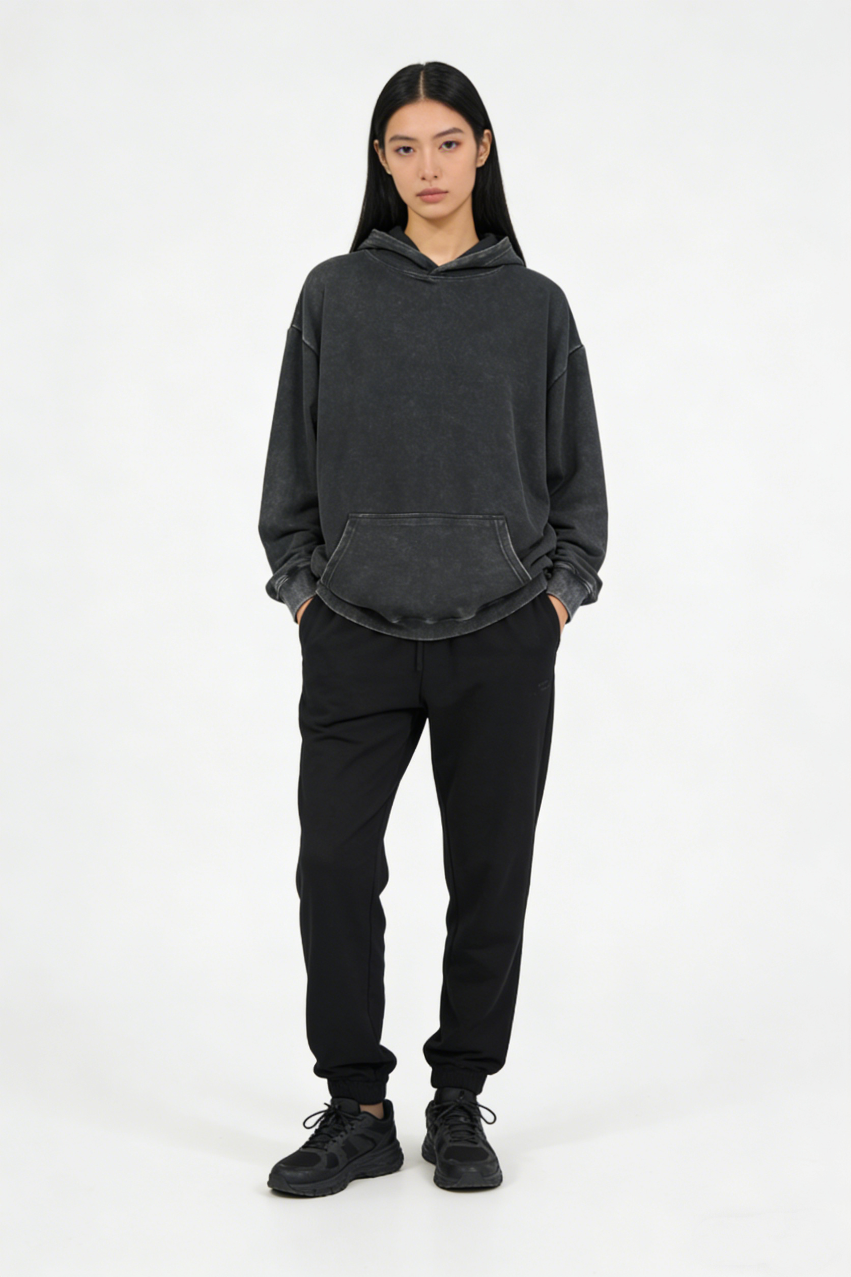 Unisex Vintage Garment-washed Hoodie|Relaxed Fit|Kangaroo Pouch Pocket W-07-023 Washed Black