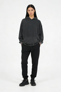 Unisex Vintage Garment-washed Hoodie|Relaxed Fit|Kangaroo Pouch Pocket W-07-023 Washed Black