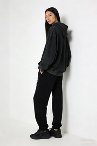 Unisex Vintage Garment-washed Hoodie|Relaxed Fit|Kangaroo Pouch Pocket W-07-023 Washed Black