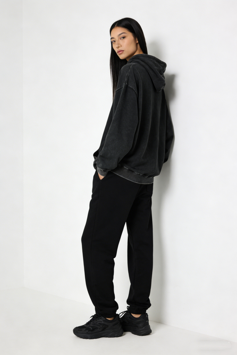 Unisex Vintage Garment-washed Hoodie|Relaxed Fit|Kangaroo Pouch Pocket W-07-023 Washed Black