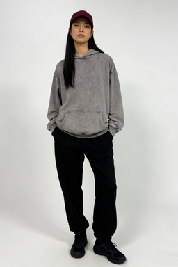 Sudadera unisex con capucha vintage lavada | Corte holgado | Bolsillo tipo canguro W-07-023 Grafito