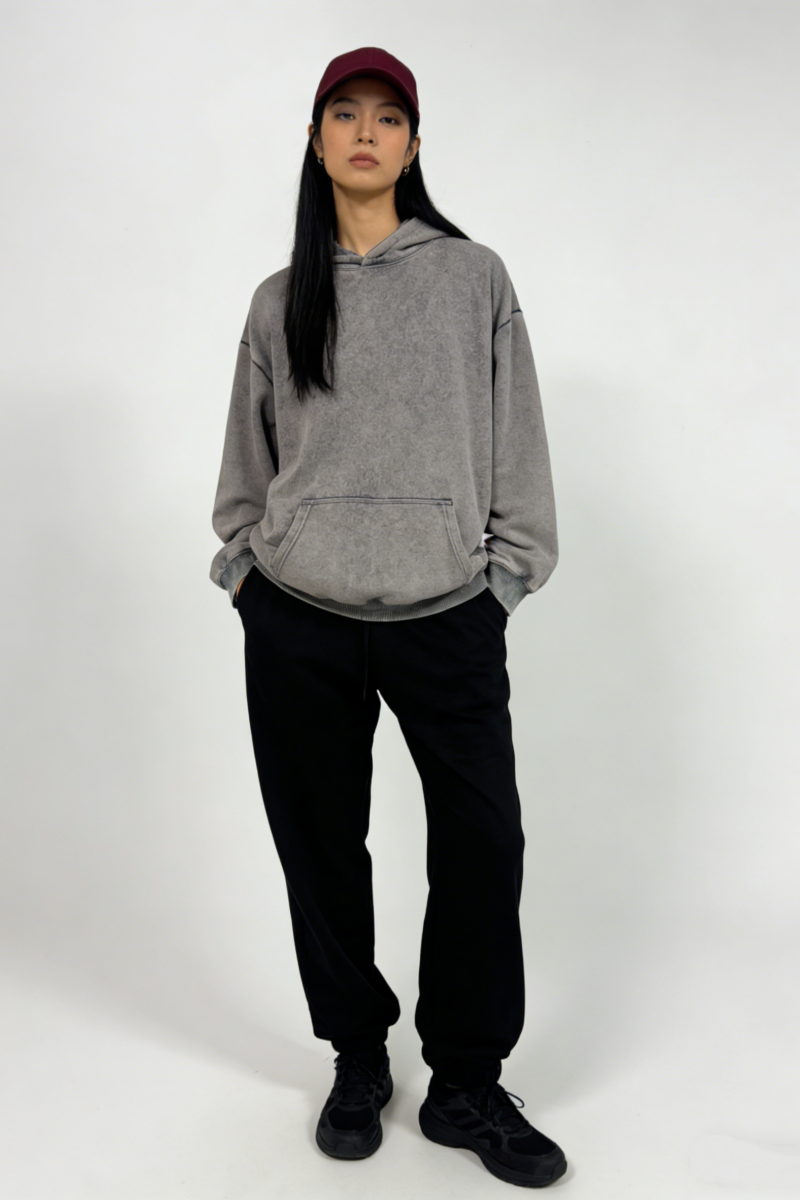 Sudadera unisex con capucha vintage lavada | Corte holgado | Bolsillo tipo canguro W-07-023 Grafito