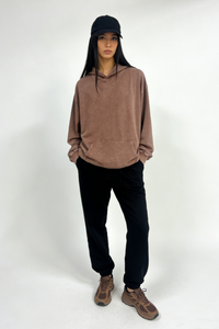 Unisex Vintage Garment-washed Hoodie|Relaxed Fit|Kangaroo Pouch Pocket W-07-023 Choc