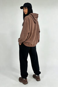 Unisex Vintage Garment-washed Hoodie|Relaxed Fit|Kangaroo Pouch Pocket W-07-023 Choc