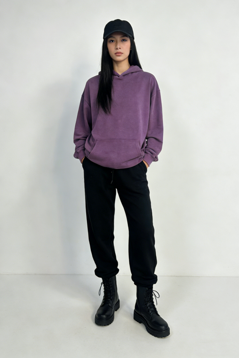 Women's Vintage Garment-washed Hoodie|Relaxed Fit|Kangaroo Pouch Pocket -W-07-024 Heather Purple