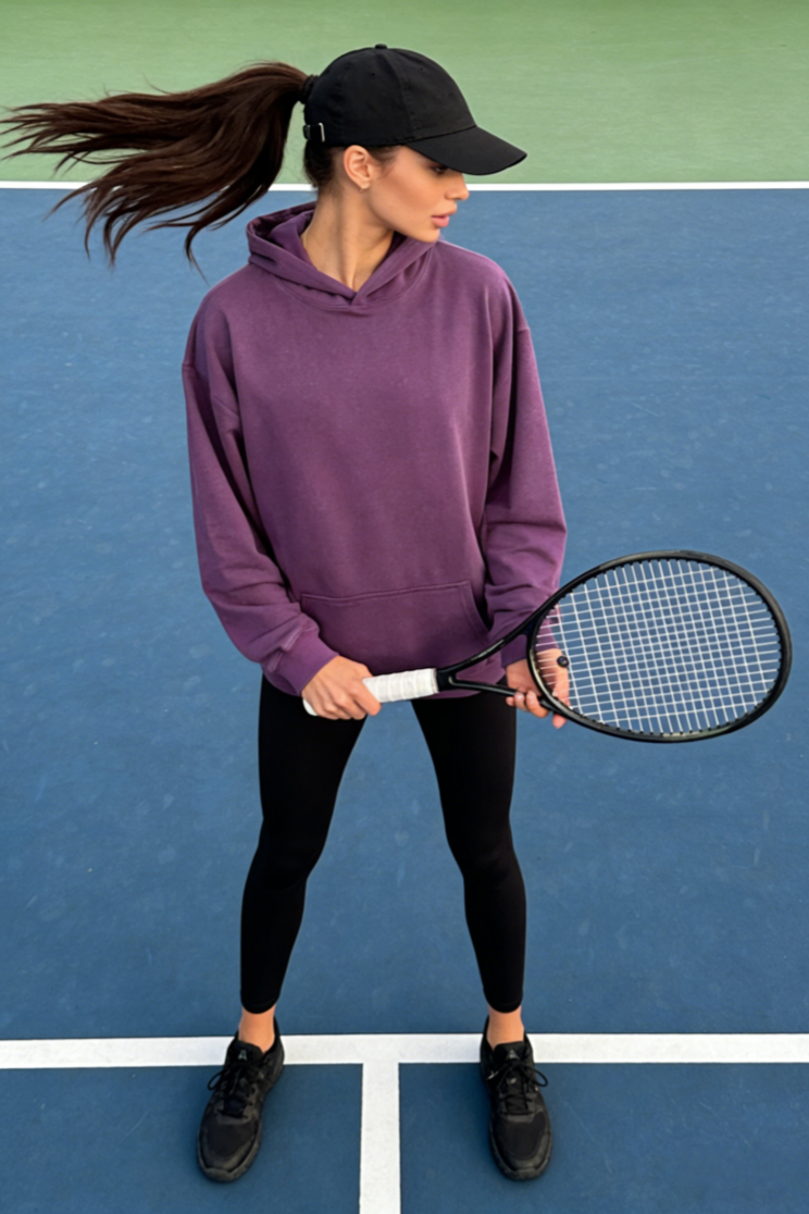Women's Vintage Garment-washed Hoodie|Relaxed Fit|Kangaroo Pouch Pocket -U-07-024 Heather Pink , Purple