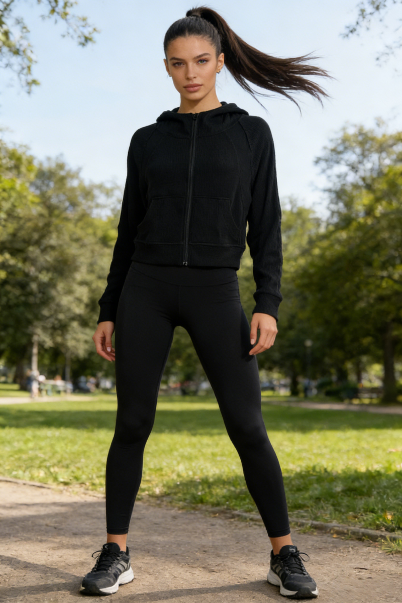 Women's Athletic-leisure Full-zip Hoodie|260GSM Structural Waffle Knit|Pouch Pocket|W-07-025-Black