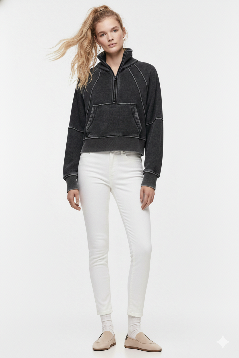 Vintage-Wash Cadet Quarter-Zip | Cropped Fleece Pullover-W-07-026-011 Washed Black